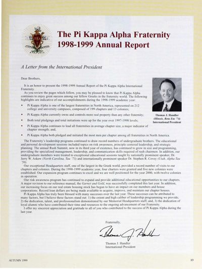 The Pi Kappa Alpha Fraternity 1998-1999 Annual Report